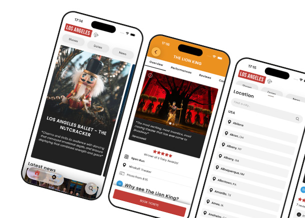 Theatreland app shown on a mobile phone screen, featuring show listings and reviews